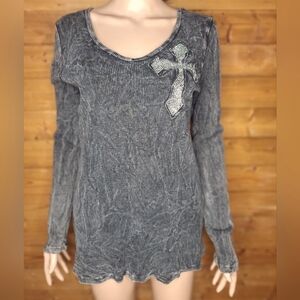 ❤️ VOCAL black Long Sleeve Top W/Cross Strech Gray/black Acid wash Size XXL